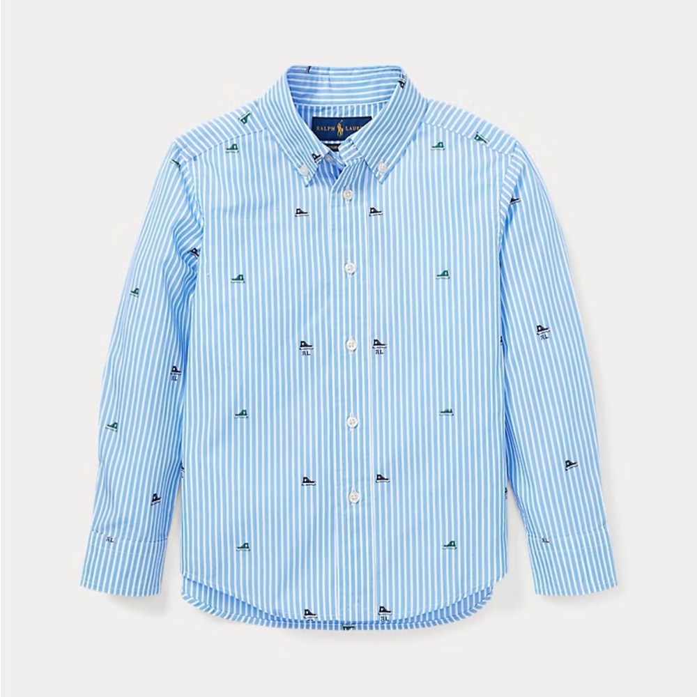 Ralph Lauren boys light blue cotton striped button-down shirt w Embroidery